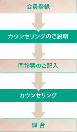 会員登録→カウンセリングのご説明→問診票のご記入→カウンセリング→調合