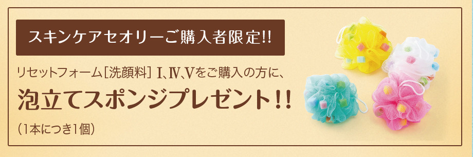 スキンケアセオリー限定！リセットフォーム［洗顔料］ Ⅰ、Ⅳ、Ⅴをご購入の方に、泡立てスポンジプレゼント（1本につき1個）