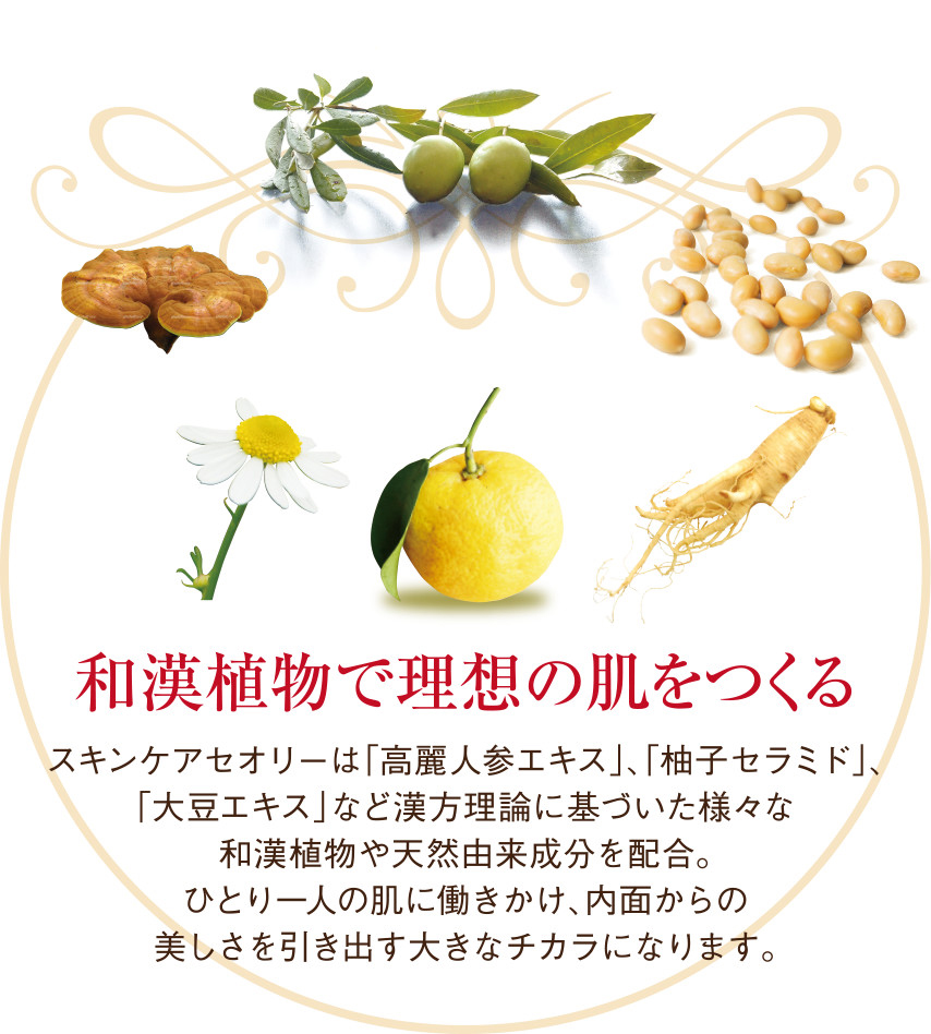 スキンケアセオリーは「高麗人参エキス」、「柚子セラミド」、「大豆エキス」など漢方理論に基づいた様々な和漢植物や天然由来成分を配合。ひとり一人の肌に働きかけ、内面からの美しさを引き出す大きなチカラになります。