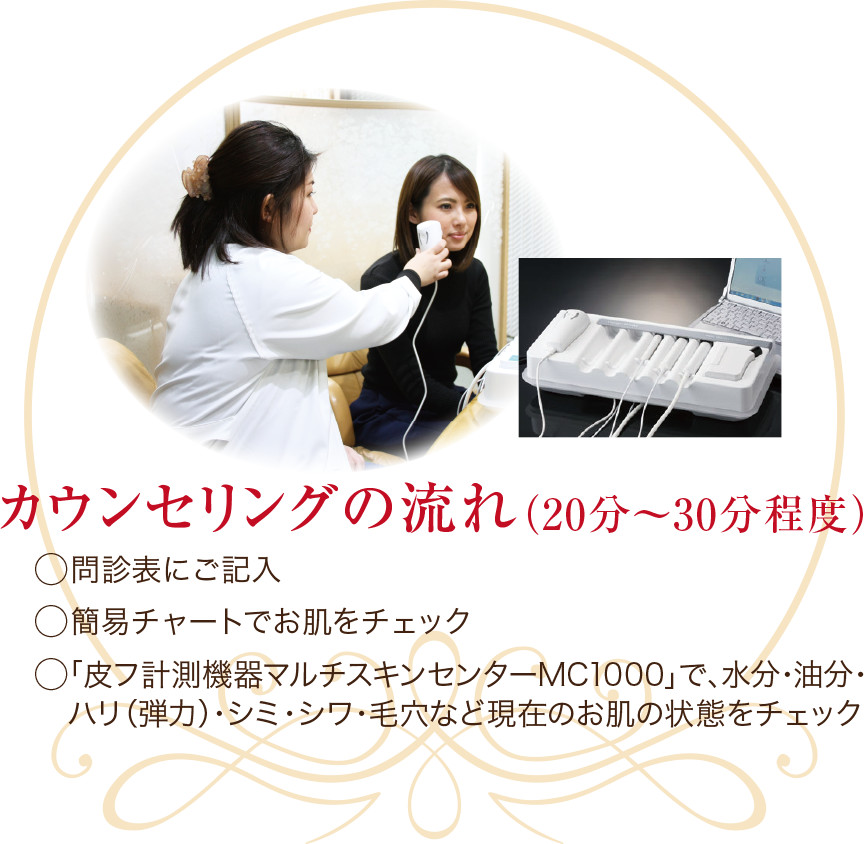 問診表にご記入、簡易チャートでお肌をチェック、「皮フ計測機器マルチスキンセンターMC1000」で、水分・油分・ハリ（弾力）・シミ・シワ・毛穴など現在のお肌の状態をチェック